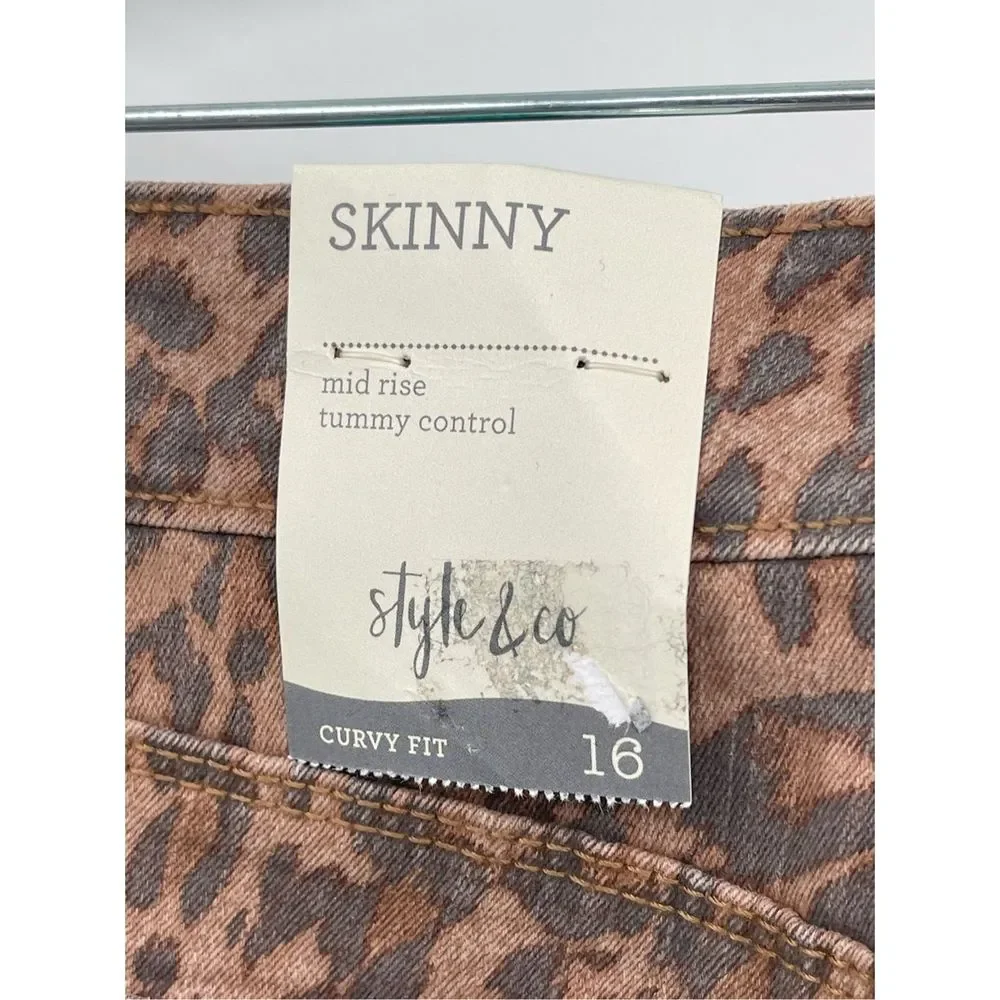 Style & Co Jeans Skinny Leopard Women Size 16 Brown‎ Black High Rise New